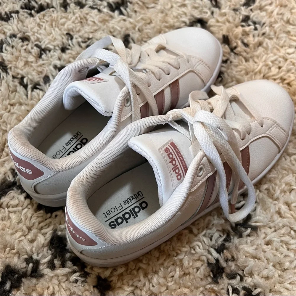 Adidas Cloudfoam Sneakers White Rose Gold Metallic Stripe Ortholite Size 7